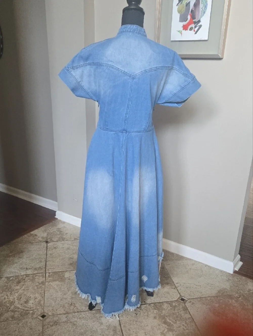 Blue Denim V-Neck Midi Dress with Frayed Hem